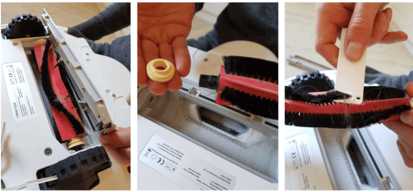 Disassembling the main brush of the Roborock S5 Max and removing the hair with the included cleaning tool.
